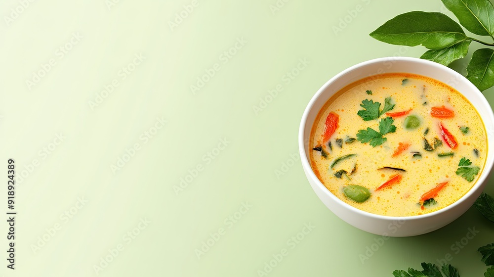 A bowl of tom kha soup on a light green background with room for text, ideal for restaurant menus. A bowl of tom kha soup on a light green background with room for text, ideal for restaurant menus.