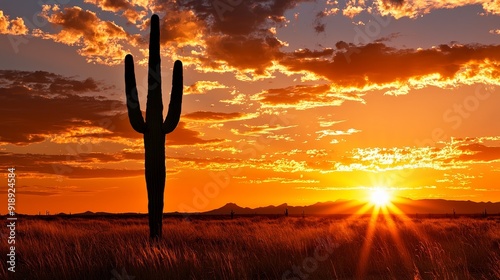 Saguaro cactus silhouette against desert sunset photo