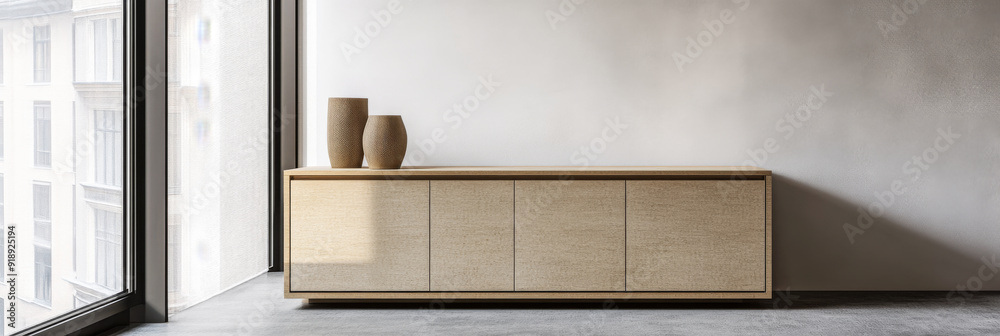 Elegant sideboard in beige color next to a window in an interior design composition. Luxury property interiors with minimalist elegant furniture. Elegant sideboard in beige color next to a window in an interior design composition. Luxury property interiors with minimalist elegant furniture.