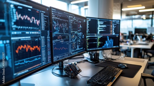 Wallpaper Mural A high-tech workspace with multiple monitors showing cryptocurrency analytics and financial technology tools, including real-time graphs, trading data, and market analysis dashboards. The setup Torontodigital.ca