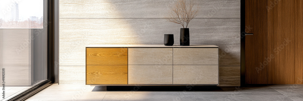 Elegant sideboard in beige color next to a window in an interior design composition. Luxury property interiors with minimalist elegant furniture. Elegant sideboard in beige color next to a window in an interior design composition. Luxury property interiors with minimalist elegant furniture.