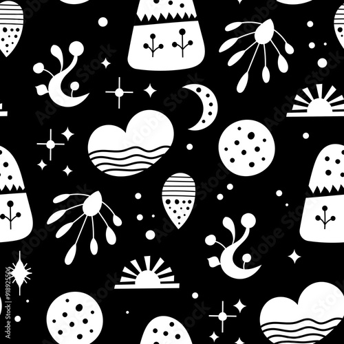 Seamless neo folk art vector pattern with mountains, moon and flowers, black and white floral design. Neo folk style endless background perfect for textile design. photo