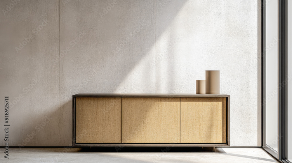Elegant sideboard in beige color next to a window in an interior design composition. Luxury property interiors with minimalist elegant furniture. Elegant sideboard in beige color next to a window in an interior design composition. Luxury property interiors with minimalist elegant furniture.