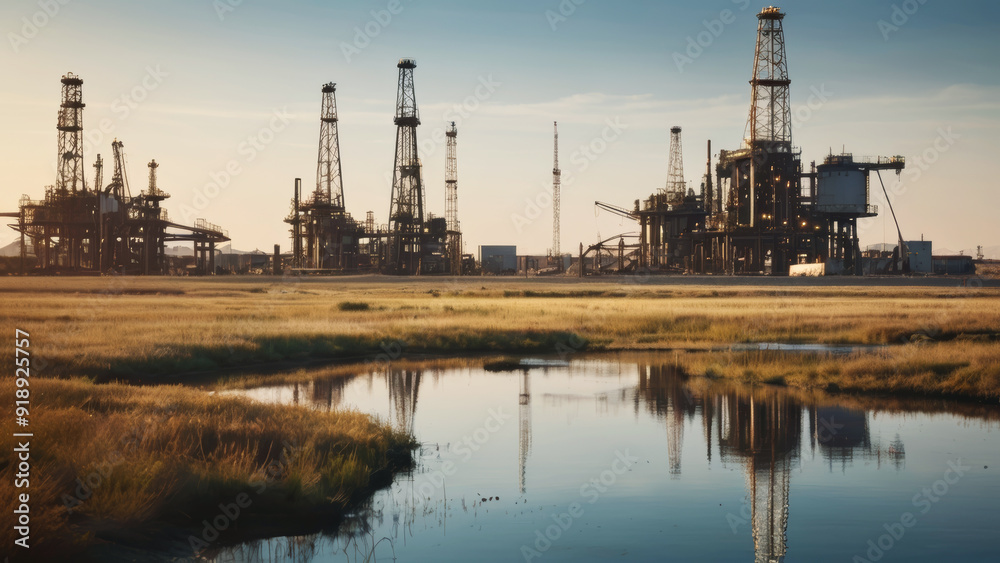 Oil field for extracting fossil fuels from the ground. Oil drilling rigs in the desert at sunset Oil field for extracting fossil fuels from the ground. Oil drilling rigs in the desert at sunset