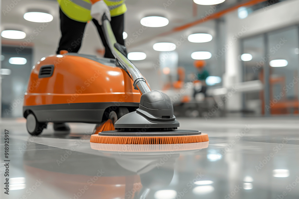 Image of a cleaner with a professional floor washer and cleaner. Image of a cleaner with a professional floor washer and cleaner.