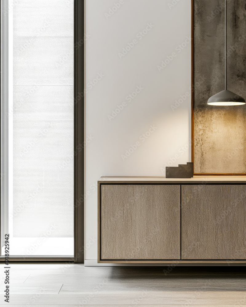 Fototapeta premium Elegant sideboard in beige color next to a window in an interior design composition. Luxury property interiors with minimalist elegant furniture.