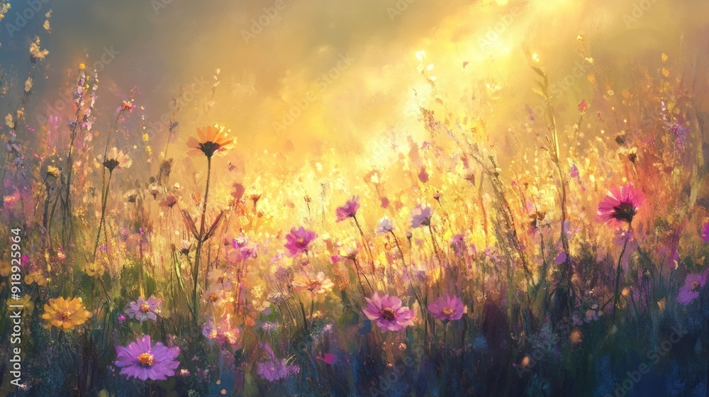 Watercolor Painting of a Field of Flowers at Sunset Watercolor Painting of a Field of Flowers at Sunset