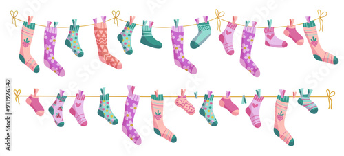 Clothesline socks illustration set. Socks on a rope, Baby socks with patterns vector cartoon.