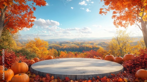 Autumnal Forest Scene with Wooden Platform and Pumpkins