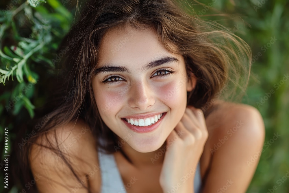 portrait of young happy woman looks in camera, Generative AI portrait of young happy woman looks in camera, Generative AI