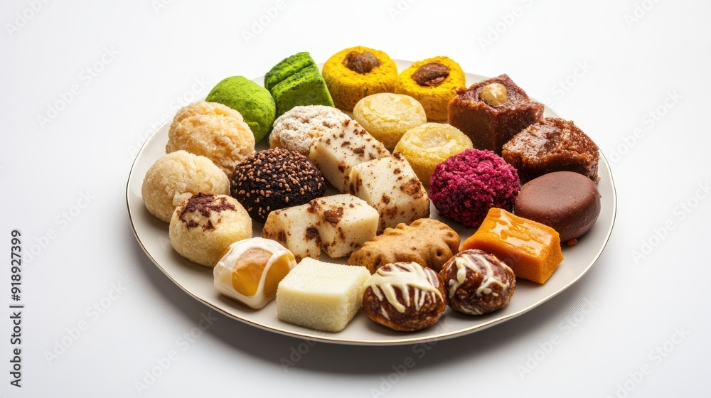 A plate of Indian sweets on a clean white background with ample space for text, ideal for food blogs or ads. A plate of Indian sweets on a clean white background with ample space for text, ideal for food blogs or ads.