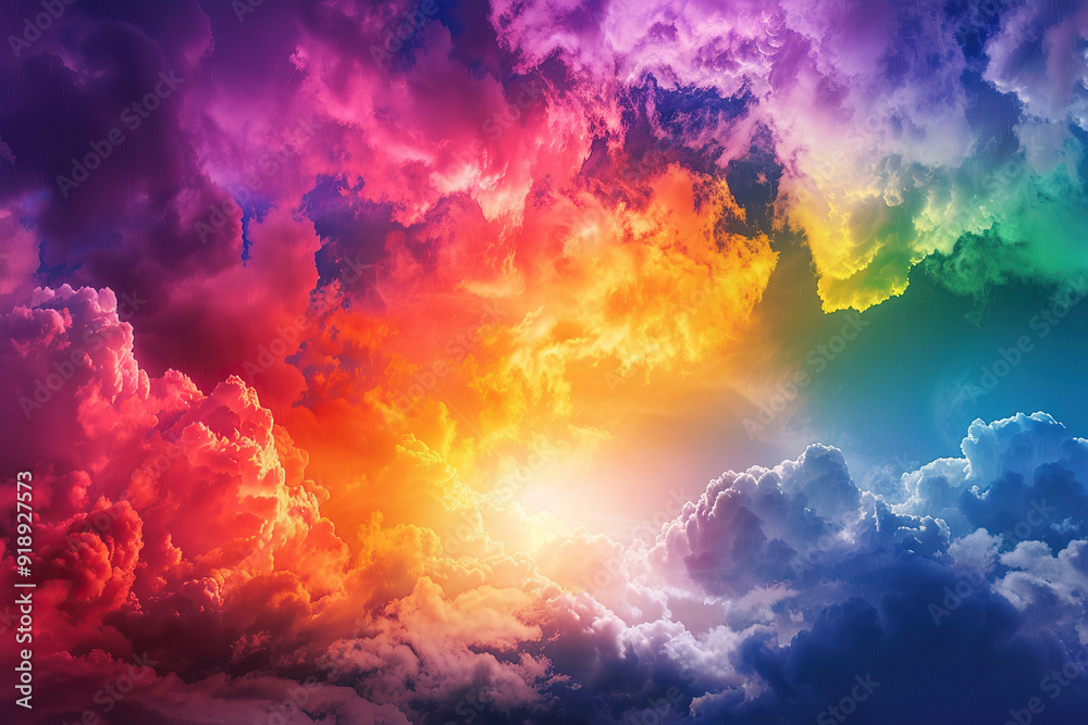 Fototapeta premium Generative ai on theme of beautiful tranquil landscape with magical bright rainbow at cloudy sky