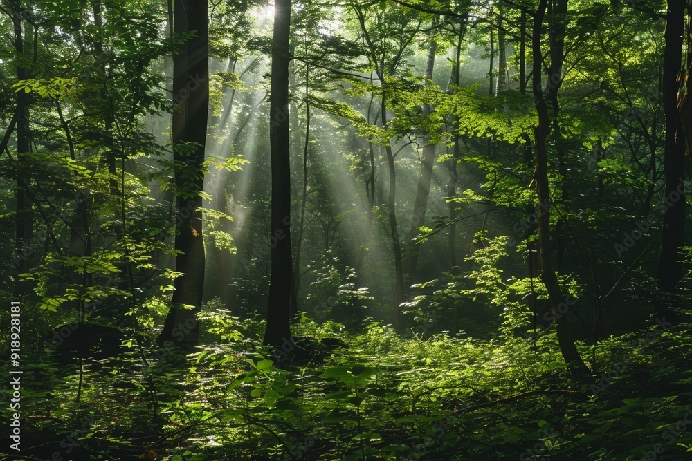 Fototapeta premium A photo of a serene forest with sunlight filtering through the trees in the morning