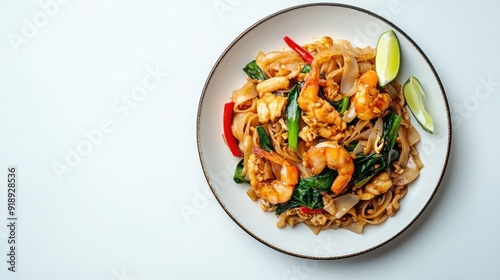 A plate of pad kra pao on a clean white background with space for text or branding elements.