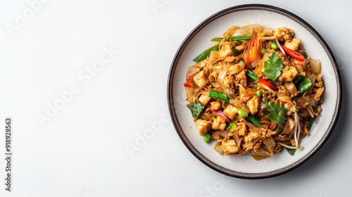 A plate of pad kra pao on a clean white background with ample space for text or branding.