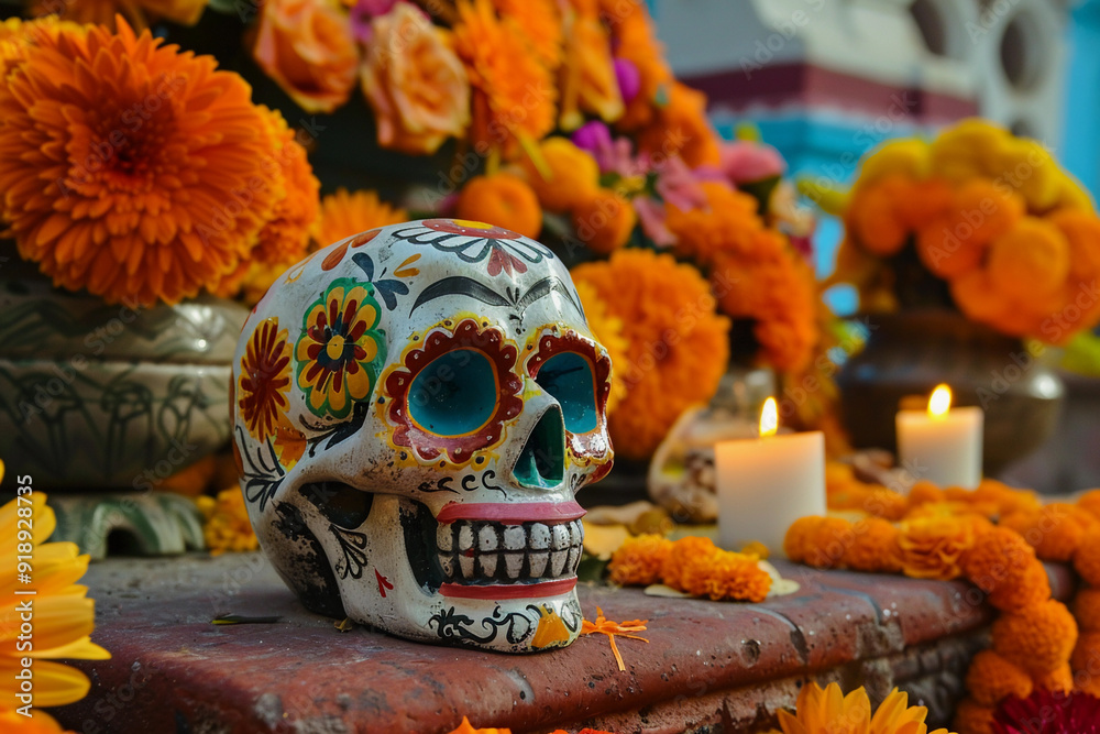 Fototapeta premium Beautiful greeting card with bright holiday composition for happy to joy celebrate dia de muertos