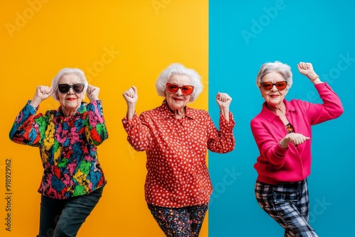 Funny grandmother portraits. 80s style outfit. Dab dance on colored backgrounds. Concept about seniority and old people, Generative AI photo