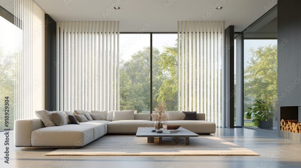 A modern living room with floor-to-ceiling windows covered by sleek white vertical blinds A modern living room with floor-to-ceiling windows covered by sleek white vertical blinds
