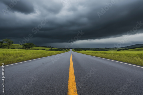 road with dark sky, highway and thunderstorm background