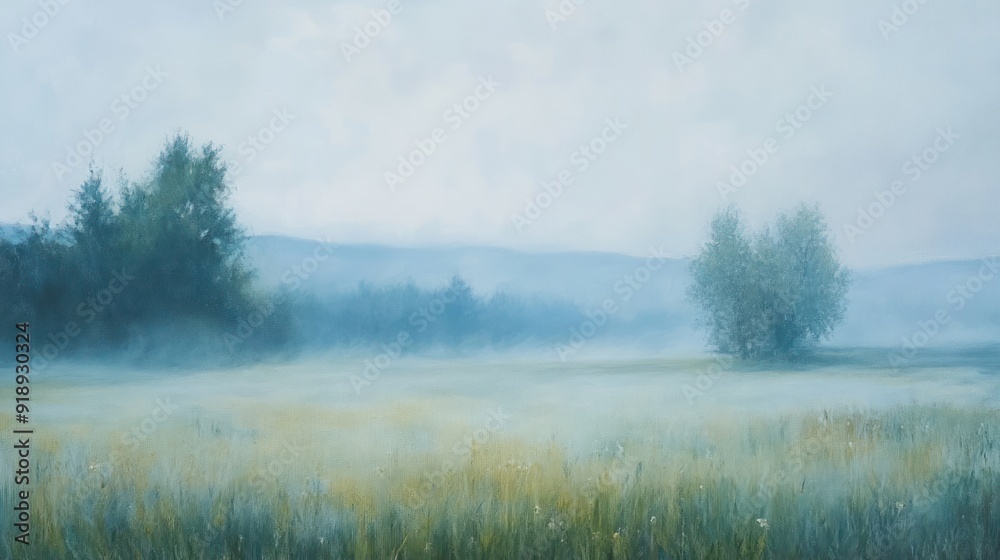 Foggy Meadow Landscape with Two Trees Foggy Meadow Landscape with Two Trees