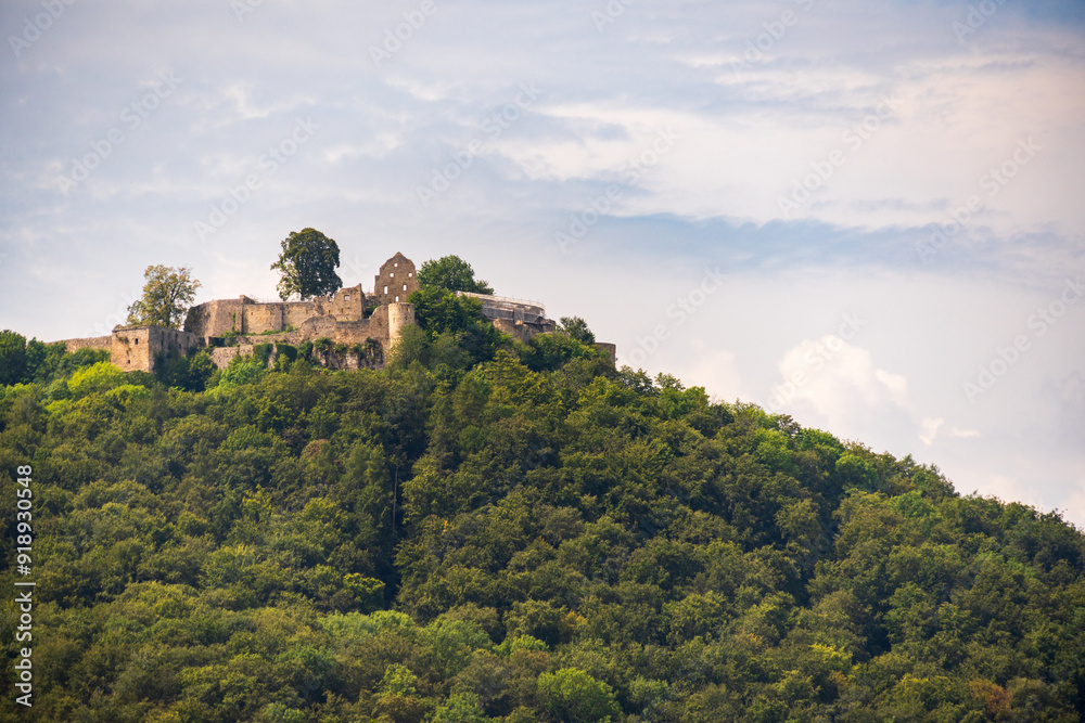 The Hilltop ruins of an 11th-century stronghold, château de Hohenurach, Burgruine Hohenurach, Stronghold Atop a Hill in Bad Urach, Castle in Baden-Württemberg
