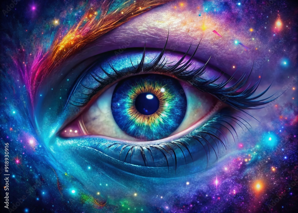 Vibrant fantasy eye with swirling iridescent colors, shimmering stars, and neon hues, set against a mesmerizing galaxy backdrop of deep blues and purples. Vibrant fantasy eye with swirling iridescent colors, shimmering stars, and neon hues, set against a mesmerizing galaxy backdrop of deep blues and purples.