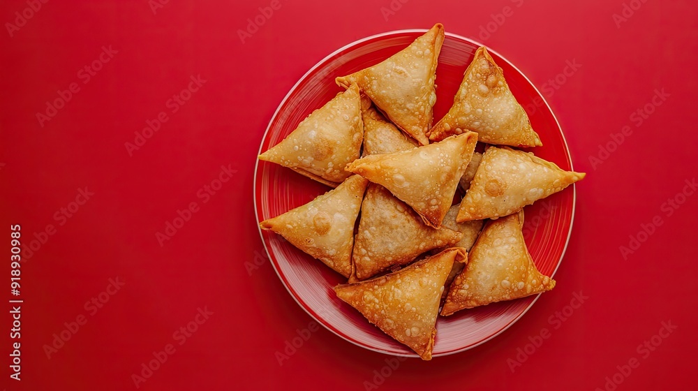 A plate of samosas on a vibrant red background with room for text, perfect for food blogs or ads. A plate of samosas on a vibrant red background with room for text, perfect for food blogs or ads.