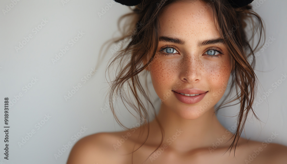 Happy woman wearing black bunny ears, smiling warmly with a playful expression against a white background