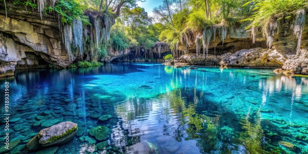 Naklejka premium Blue cenote interior with crystal clear water and natural rock formations, cenote, interior, blue, crystal clear