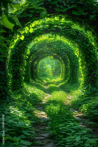 Sunlight filters through lush, green foliage forming a natural archway in a tranquil forest setting photo