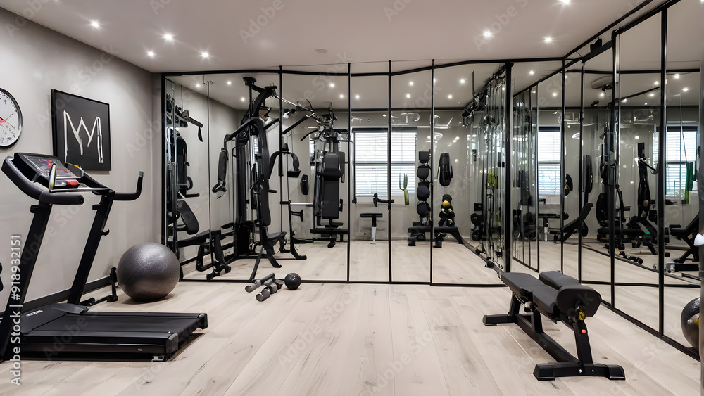 Fototapeta premium Home gym with equipment and mirror, home gym with exercise equipment, ai generated