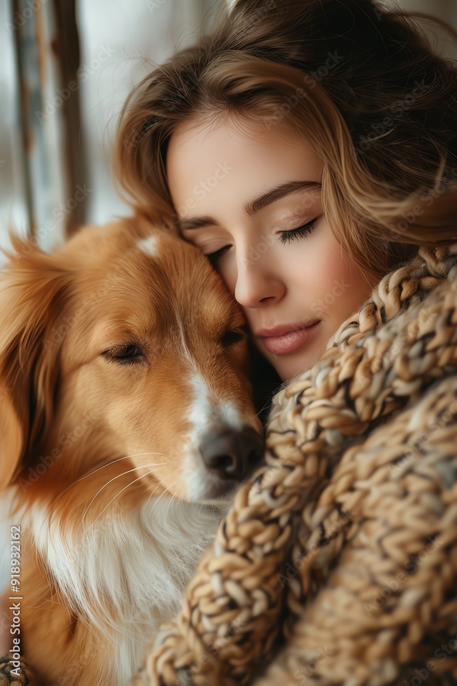 Woman cuddling with her dog, both radiating warmth and comfort, soft sunlight Woman cuddling with her dog, both radiating warmth and comfort, soft sunlight