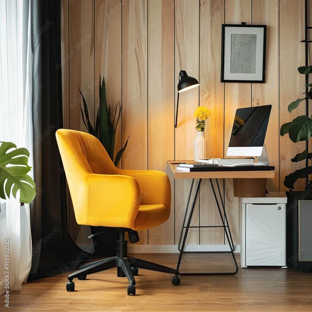 Fototapeta premium Bright Corner Office with Yellow Chair and Inspirational Quotes