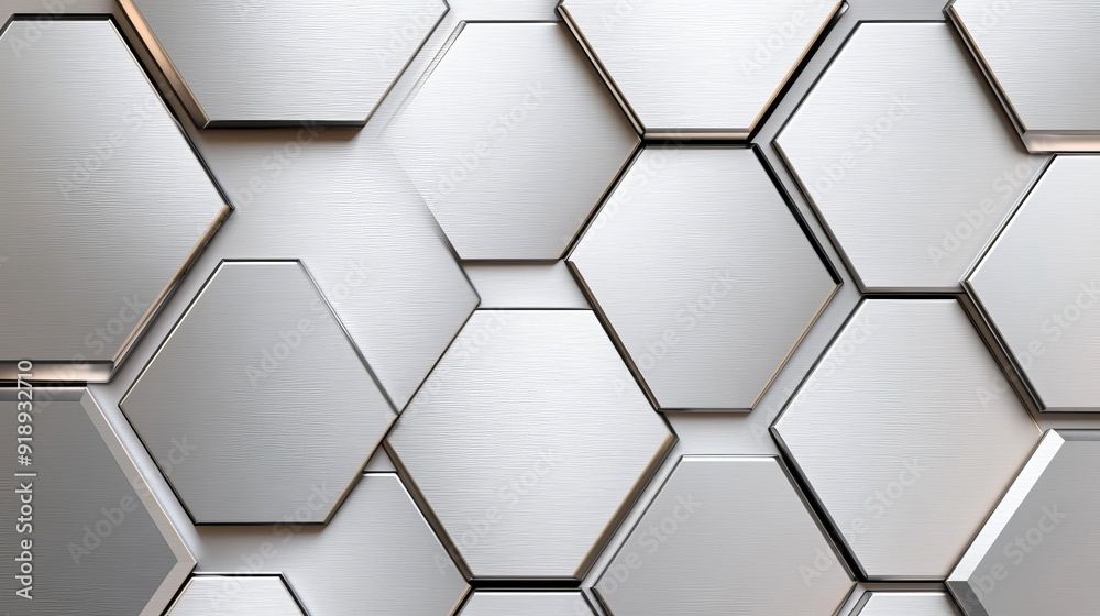 A seamless pattern of metallic hexagon tiles, brushed steel texture, capturing an industrial and modern aesthetic, high-resolution detail A seamless pattern of metallic hexagon tiles, brushed steel texture, capturing an industrial and modern aesthetic, high-resolution detail