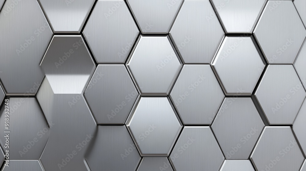A seamless pattern of metallic hexagon tiles, brushed steel texture, capturing an industrial and modern aesthetic, high-resolution detail A seamless pattern of metallic hexagon tiles, brushed steel texture, capturing an industrial and modern aesthetic, high-resolution detail