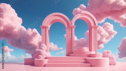 Blue sky with pink clouds and a pink podium setup