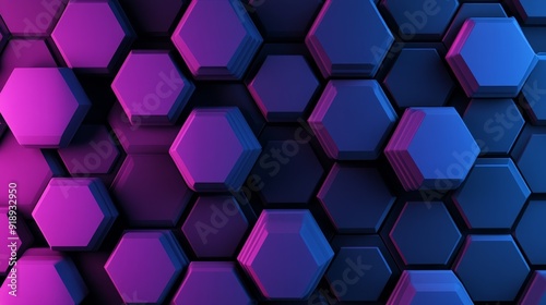 Abstract 3D hexagon design, deep blues and purples, dynamic depth and shadows