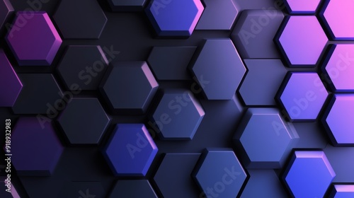 Abstract 3D hexagon design, deep blues and purples, dynamic depth and shadows