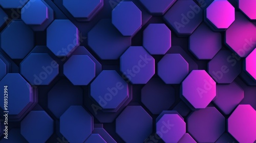 Abstract 3D hexagon design, deep blues and purples, dynamic depth and shadows