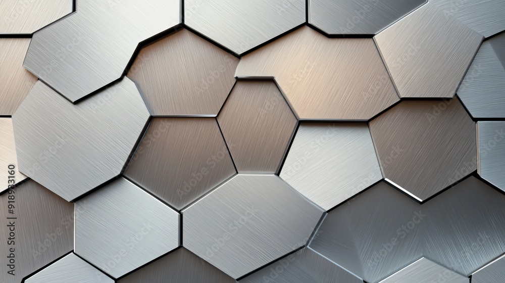 Abstract arrangement of brushed steel hexagons, metallic sheen, highlighting industrial aesthetics with a focus on precision and uniformity Abstract arrangement of brushed steel hexagons, metallic sheen, highlighting industrial aesthetics with a focus on precision and uniformity