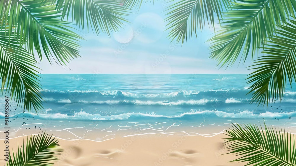 Beach with ocean and palm leaves isolated on transparent background which is very beautiful Beach with ocean and palm leaves isolated on transparent background which is very beautiful