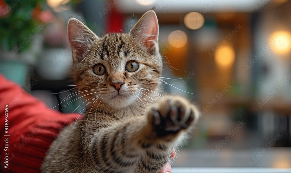cute cat giving high five to human in vet clinic. cute cat giving high five to human in vet clinic.