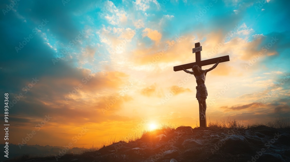 Jesus christ crucifixion silhouette at sunset, symbolic good friday and easter worship Jesus christ crucifixion silhouette at sunset, symbolic good friday and easter worship