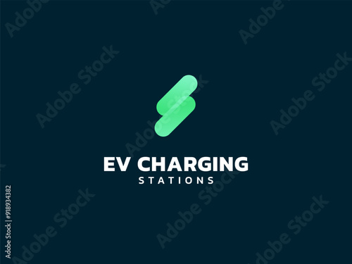 Electric vehicle charging with letter S overlapping Lightning Bolt Symbol logo vector design concept. EV charging logotype symbol for Electric Car, EV station, ui, business, infographic, clean energy.