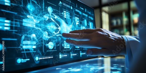 A doctor in blue scrubs points to an AI interface on the wall with his finger, showing medical images of the brain and heart with wave graphics.