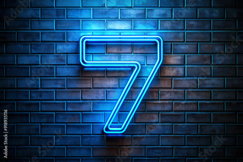 Glowing Blue Neon Sign Number 7 on Dark Brick Wall. Modern Illuminated Design. photo