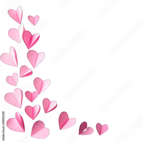 Pink paper hearts in a corner isolated on transparent background