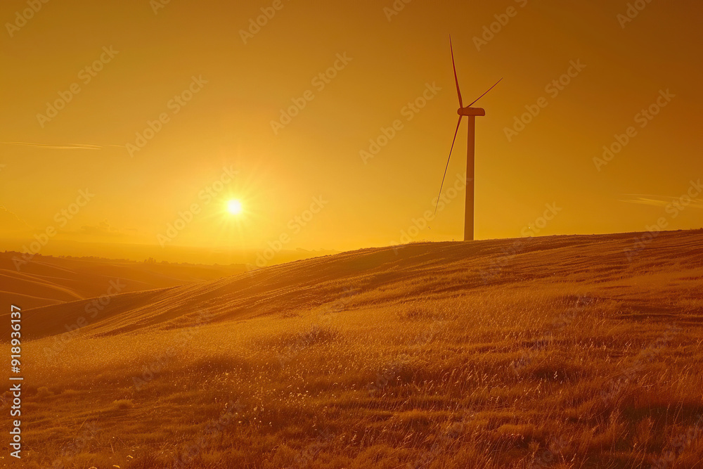 Fototapeta premium Generative ai on theme of wind power farm with rotation propellers, does not pollute environment