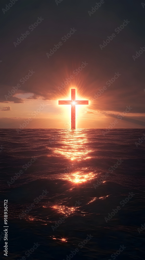 the sun setting in the middle of the ocean, but the sunlight is shaped in the form of cross the sun setting in the middle of the ocean, but the sunlight is shaped in the form of cross