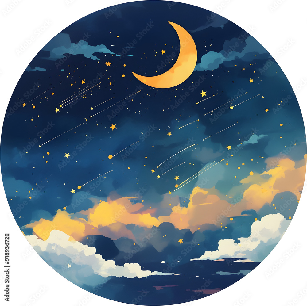 Fototapeta premium Enchanting Starry Night Sky with Crescent Moon and Wispy Clouds in Dreamy Moody Atmosphere